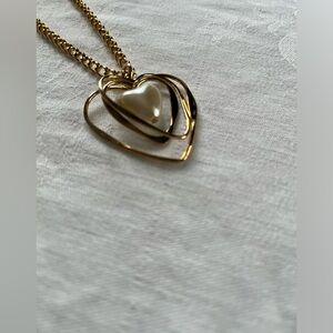 Gold Tone 18" Chain With 3D Heart and Faux Heart Shaped Pearl Pendant